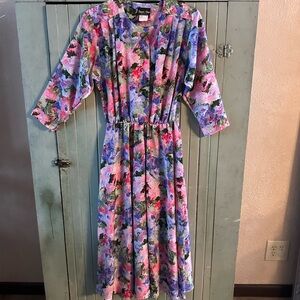 Vintage 80s Stuart Alan Floral Midi Dress Size 10 Made in USA Cottagecore